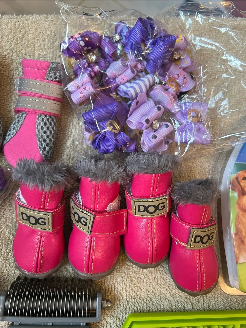 Pink Faux-Fur Dog Lot; Boots, go pets brush, clik-R, voyager xxxs mess harness